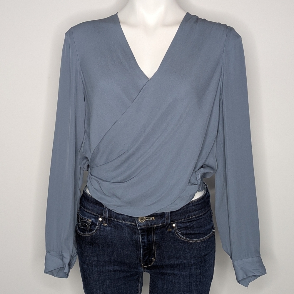 L'Agence Gia Blue Silk V Neck Snap Back Wrap Blouse S